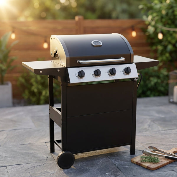 Propane Gas Grill 4 Burner Barbecue Grill, Stainless Steel 34,000 BTU Patio Garden Barbecue Grill with Two Shelves, Lid, Wheels and Bottle Opener — Studio Shot