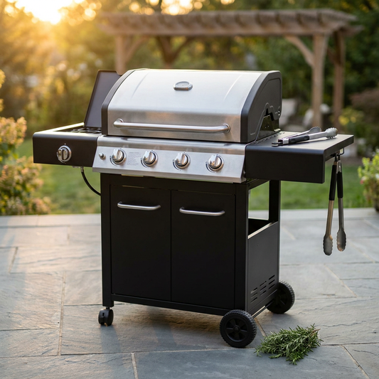 Propane Grill 4 Burner Barbecue Grill Stainless Steel Gas Grill with Side Burner, 46,500 BTU Outdoor Cooking, Patio, Garden Barbecue Grill, Black and Silver — Studio Shot