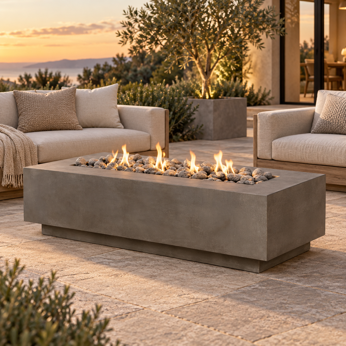 Crete Design Lineal Rectangular Concrete Outdoor Fire Table – Various Sizes, Colors, and Textures