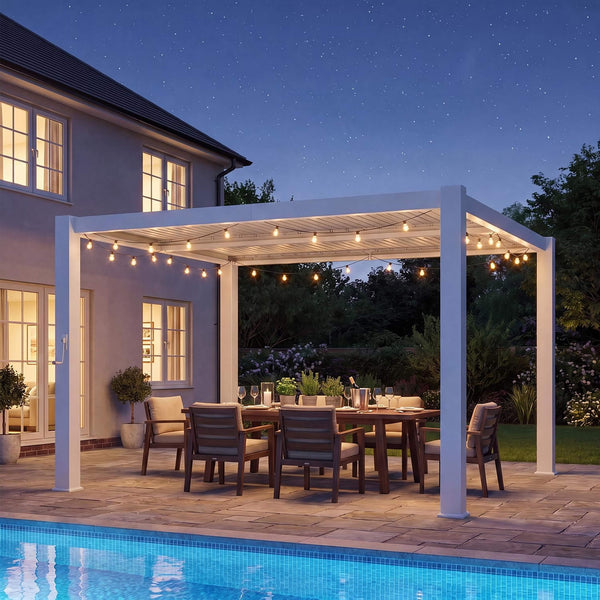 Premium White Metal Louvered Pergola With Drainage System - Multiple Sizes