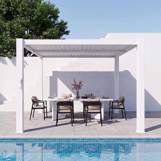Premium White Metal Louvered Pergola With Drainage System - Multiple Sizes