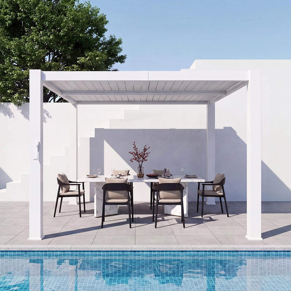 Premium White Metal Louvered Pergola With Drainage System - Multiple Sizes
