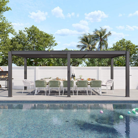 Alora Premium Gray Outdoor Metal Pergola With Louvered Roof And Drainage System - Various Sizes
